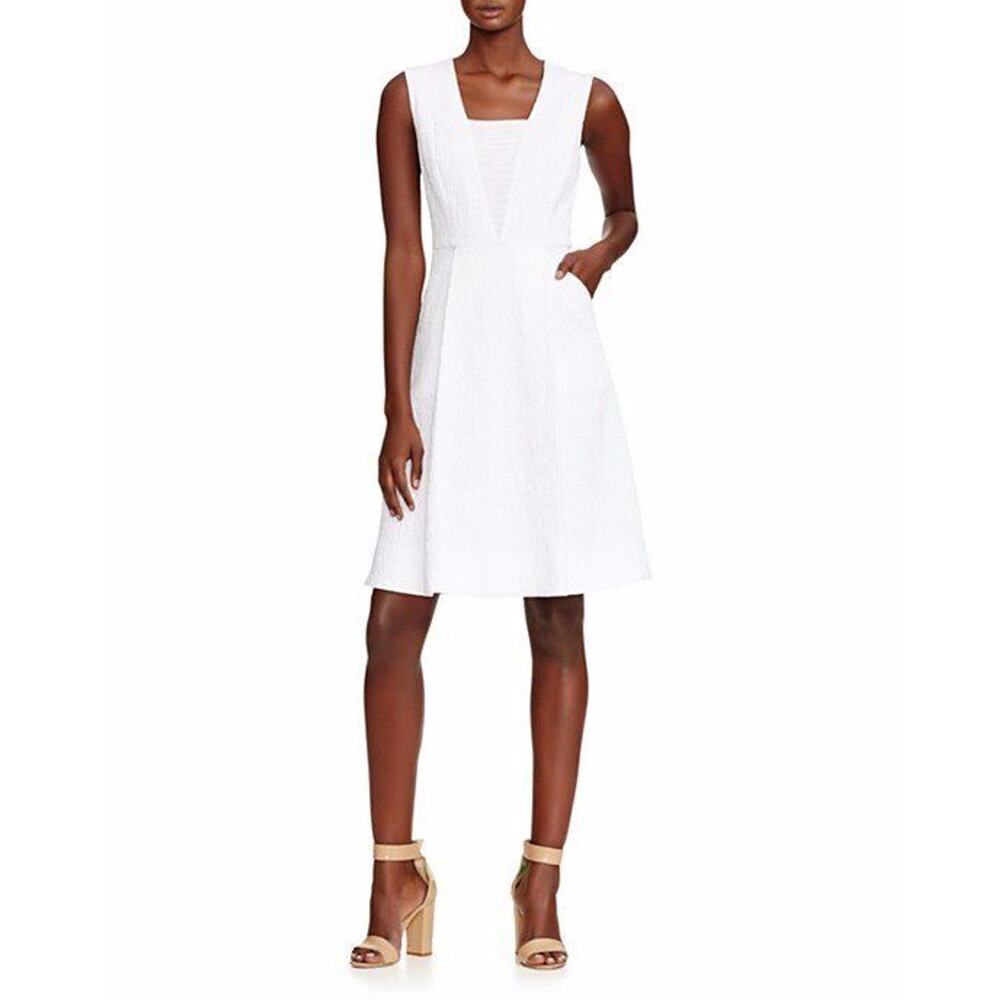 $368 Elie Tahari Square Neck White Textured Lindsay Fit & Flare Dress 4 NEW